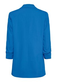 Blazer azzurro sartoriale con design strutturato, maniche lunghe e texture liscia. Presenta un classico colletto a bavero con intagli e dettagli cuciti.