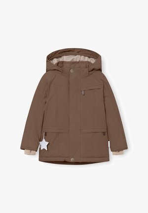 Rudas izoliacinis švarkas su kapišonu, su priekiniu užtrauktuku, dviem šoninėmis kišenėmis ir mažyte žvaigždute. Lygi tekstūra ir šiltas dizainas.