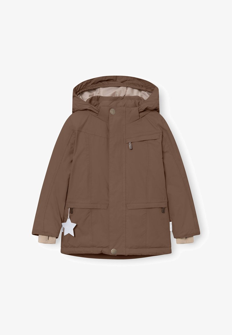 Pruun izolatsiooniga jope kapuutsiga, millel on ees lukuga kinnitin, kaks küljetaskut ja väike tähekujuline silt. Sile tekstuur ja soe disain.