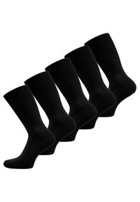 Fünf Paar schwarze Kniestrümpfe, gefertigt aus einem weichen Material. Jedes Paar hat eine glatte Oberfläche und einen klassischen, gerippten Bund oben.