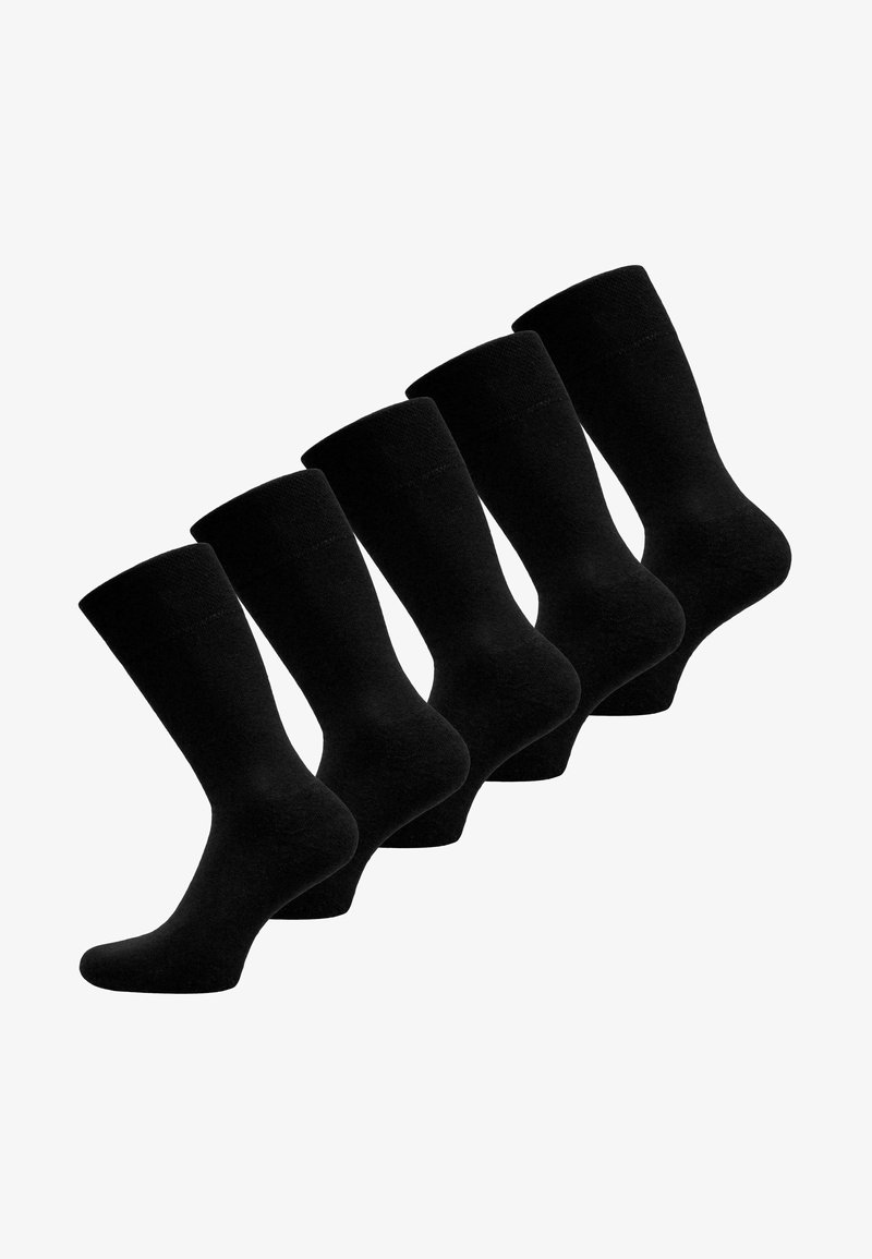 Fünf Paar schwarze Kniestrümpfe, gefertigt aus einem weichen Material. Jedes Paar hat eine glatte Oberfläche und einen klassischen, gerippten Bund oben.