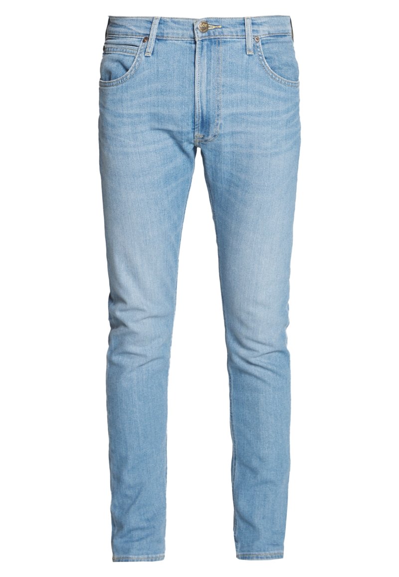 Ljusblå jeans med smal passform, tillverkade av denim, med standardfickor, kontrasterande sömmar och klassisk knappgylf.