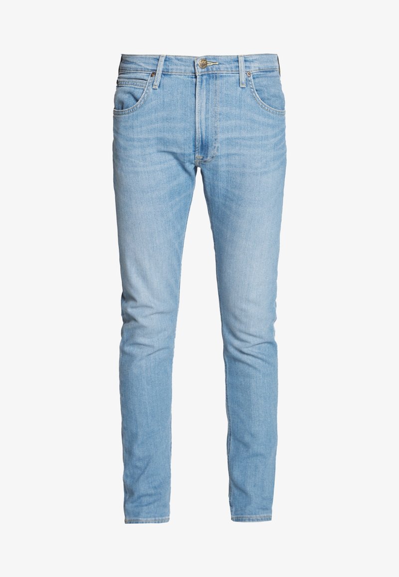 Vaaleansiniset, kapealahkeiset farkut, valmistettu denimistä, joissa on tavalliset taskut, kontrastisaumaukset ja klassinen nappikiinnitys.