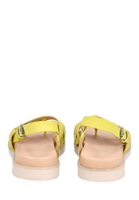 Żółte sandały o miękkim wykończeniu, z krzyżującymi się paskami i detalem klamry. Płaskie podeszwy z jasnobeżową bazą, teksturowana wkładka.