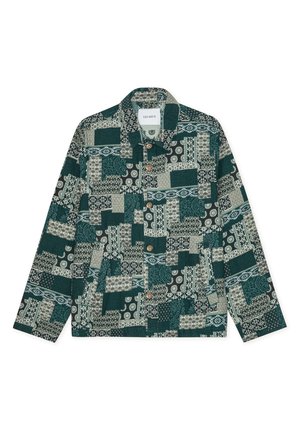 Πράσινο και μπεζ σακάκι με κουμπιά και γιακά, με σχέδιο πατςγουορκ, ξύλινα κουμπιά και μακριά μανίκια.