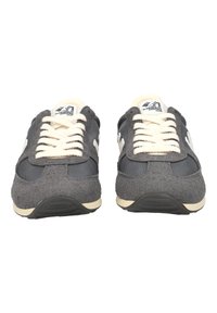 Coppia di scarpe da corsa grigio scuro con lacci bianchi, bordi della suola color crema e logo "Flamingos Life Marathon Club" sulla linguetta.