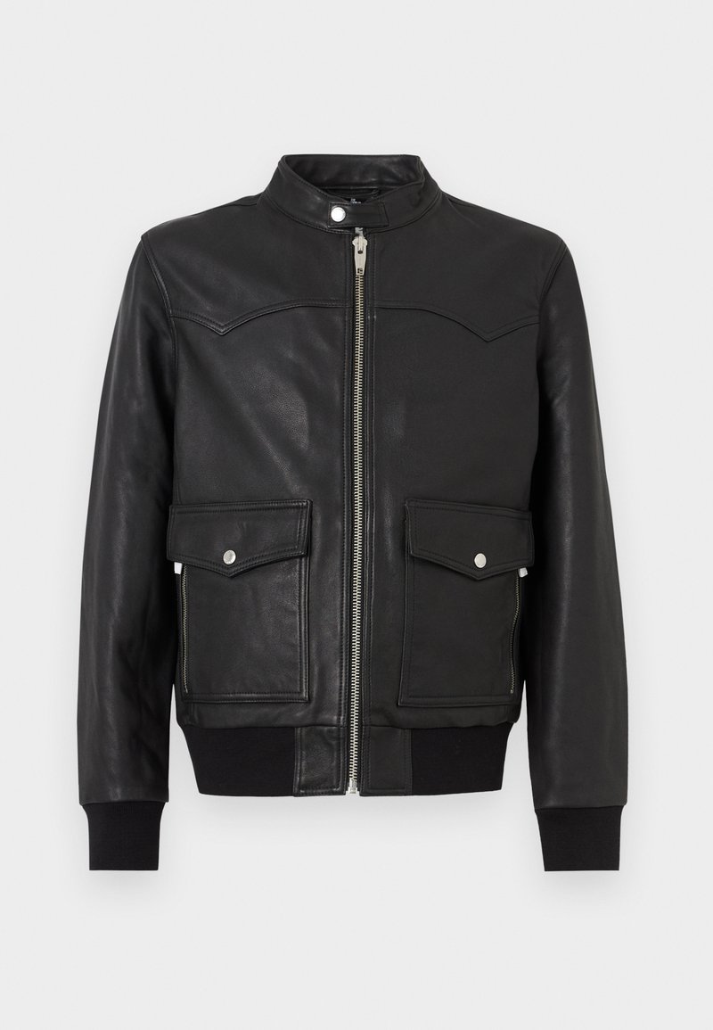 Black leather bomber jacket with a high collar, silver zip, two front pockets, ribbed cuffs, and a smooth texture. Tailored design.