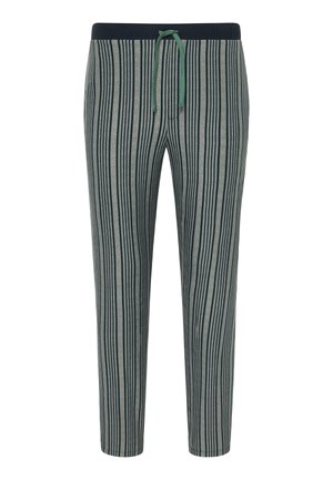 Pantaloni da lounge a strisce in grigio e verde scuro, realizzati in tessuto morbido, con una vita stretta dotata di cordino e design a gamba affusolata.
