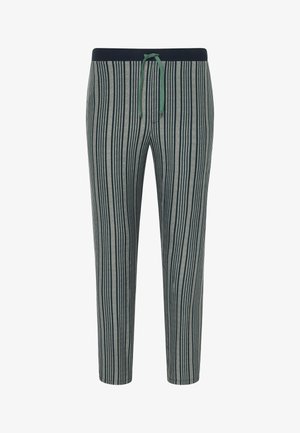 Pantaloni da lounge a strisce in grigio e verde scuro, realizzati in tessuto morbido, con una vita stretta dotata di cordino e design a gamba affusolata.