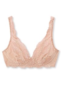 Lichte roze kanten beha met een bloemenpatroon, brede banden en een gegolfde rand. Heeft een klein strikdetail in het midden.