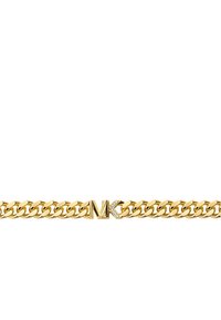 Bracciale in oro con maglie intrecciate e un accento centrale con logo e decorazioni cristalline. Superficie metallica liscia e lucente.