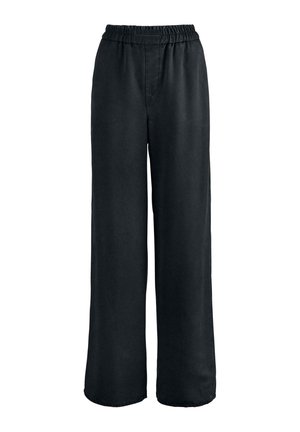Schwarze weite Beinhosen mit einem elastischen Bund, die eine glatte Textur und ein klassisches Design aufweisen. Keine sichtbaren Taschen oder Muster.