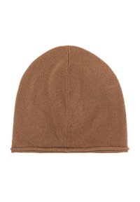 Brązowa dziana czapka z miękką teksturą, dopasowanym kształtem i podwiniętym brzegiem. Bezszwowy design, bez ozdób czy wzorów.