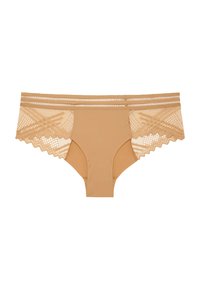 Culottes hipster couleur chair avec des panneaux latéraux en dentelle, dotées d'un bord festonné et d'une section centrale en tissu lisse.