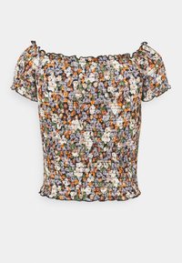 Floral top with an off-the-shoulder design, featuring a smocked texture, ruffled edges, and a dark background with vibrant orange, purple, and white flowers.