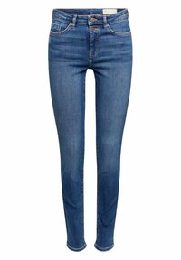 Jean slim bleu pour femme avec poches avant, passants de ceinture et fermeture à double bouton, présenté sur un fond blanc.