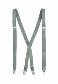 Tirantes elásticos verdes con rayas texturizadas, que cuentan con clips de metal y un conector trasero en forma de triángulo.