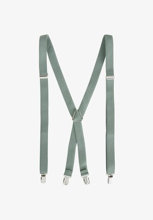 bretelles élastiques vertes avec des rayures texturées, dotées de clips en métal et d'un connecteur arrière triangulaire.
