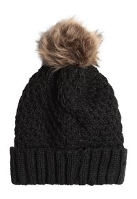 Gorro de lana negro con puño acanalado, que presenta un pompón de piel sintética en la parte superior y un diseño de superficie texturizada.