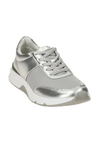 Silver athletic sneaker with mesh and metallic panels, round toe, lace-up design, cushioned sole, and textured detailing.