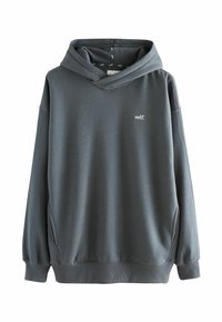 Grauer Hoodie aus weichem Stoff mit Kängurutasche, gerippten Bündchen und einem kleinen Logo auf der linken Brustseite.