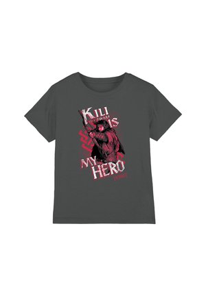 Dark gray T-shirt with an archer character and text "Kili the Dwarf is my hero" from The Hobbit in red and white.