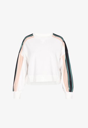 Biała skrócona bluza z dużymi rękawami, z pastelowymi różowymi i czarnymi panelami, podkreślona turkusowymi paskami wzdłuż ramion.