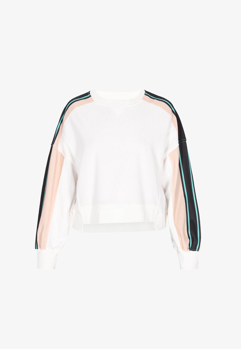 Witte cropped sweatshirt met oversized mouwen, voorzien van pastelroze en zwarte panelen, benadrukt met turkooise strepen langs de schouders.