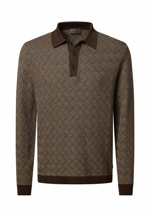 Braun gemusterter Poloshirtpullover mit langen Ärmeln, ausgestattet mit einem dunkleren braunen Kragen und Knopfleiste. Strukturiertes und gestricktes Material.