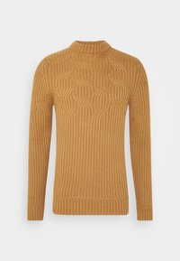 Pull jaune moutarde avec une texture côtelée et un motif ondulé, doté d'un col montant et de manches longues. Matière douce, coupe ajustée.