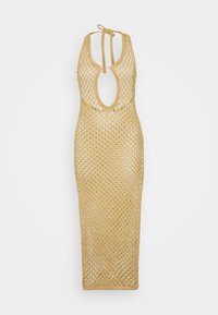 Adīti halter kleita gaiši bēšā krāsā ar dziļu ovālu izgriezumu mugurā un atvērtu acu rakstu, pieguļoša līdz potītēm ar kakla saitēm.