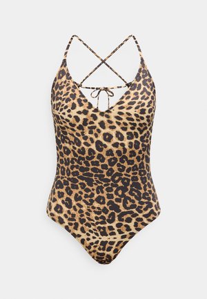 Costume intero con stampa leopardata marrone e nera, scollatura a V profonda e sottili spalline incrociate annodate sulla schiena.