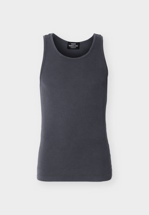 Dunkelgraues, geripptes, ärmelloses Tanktop mit rundem Halsausschnitt, mit dem Label Mads Nørgaard Copenhagen, auf weißem Hintergrund dargestellt.