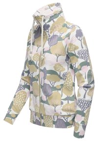 Giacca a fiori nei toni pastello, con colletto alto, zip completa e polsini elastici. Materiale: tessuto morbido e stretch.