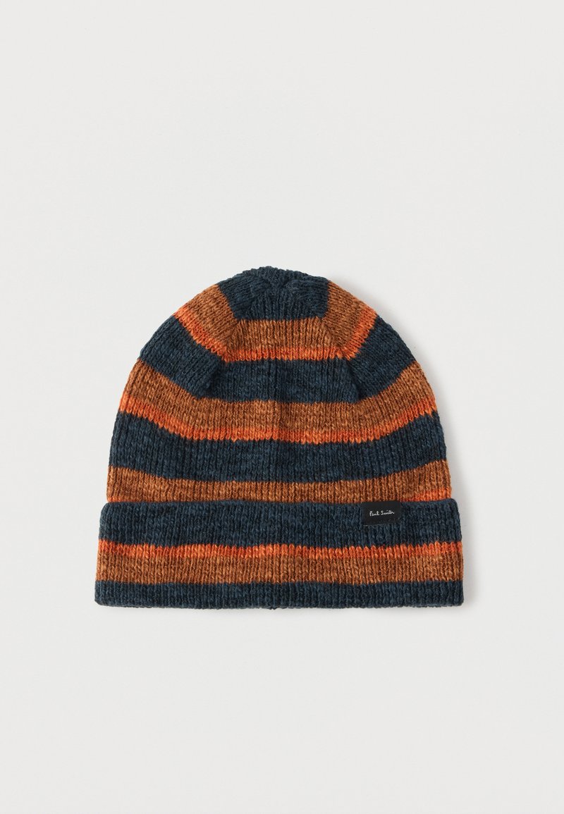 Πλεκτός σκούφος με ρίγες σε ναυτικό μπλε, πορτοκαλί και καφέ. Διαθέτει διπλωμένη άκρη και μικρή μαύρη ετικέτα στο πλάι. Μαλακή υφή.