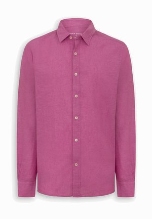 Langärmliges Hemd aus einfarbigem, staubrosa Leinen mit klassischem Kragen und Standardmanschetten.