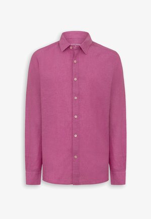 Košile s dlouhým rukávem na knoflíky v jednolitém barvě prašně růžového lnu s klasickým límcem a standardními manžetami.
