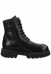 Black leather ankle boot with a rounded toe, front laces, side zipper, and textured rubber sole. Features a smooth finish and sturdy design.