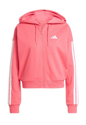 Roze zip-up hoodie gemaakt van zacht materiaal. Voorzien van een capuchon, witte drievoudige streep accenten op de mouwen en een klein wit logo op de borst.