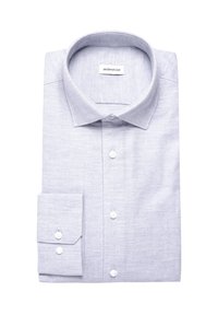 Camicia button-up grigia chiara realizzata in tessuto intrecciato. Caratterizzata da un colletto strutturato, maniche lunghe e bottoni bianchi. Piegata in modo ordinato.