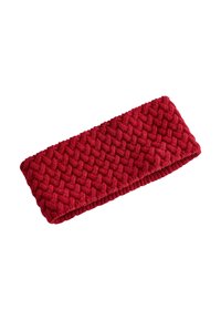 Piros kötött fejpánt, textúrált keresztben átellenes mintával, a melegség és kényelem érdekében tervezve.