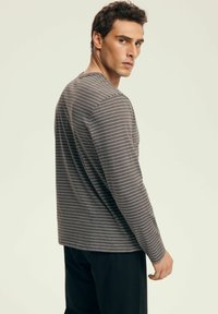 Langärmliges graues Shirt mit weißen horizontalen Streifen, Rundhalsausschnitt und normaler Passform. Trägt dazu schwarze Hosen und wird von hinten gezeigt.