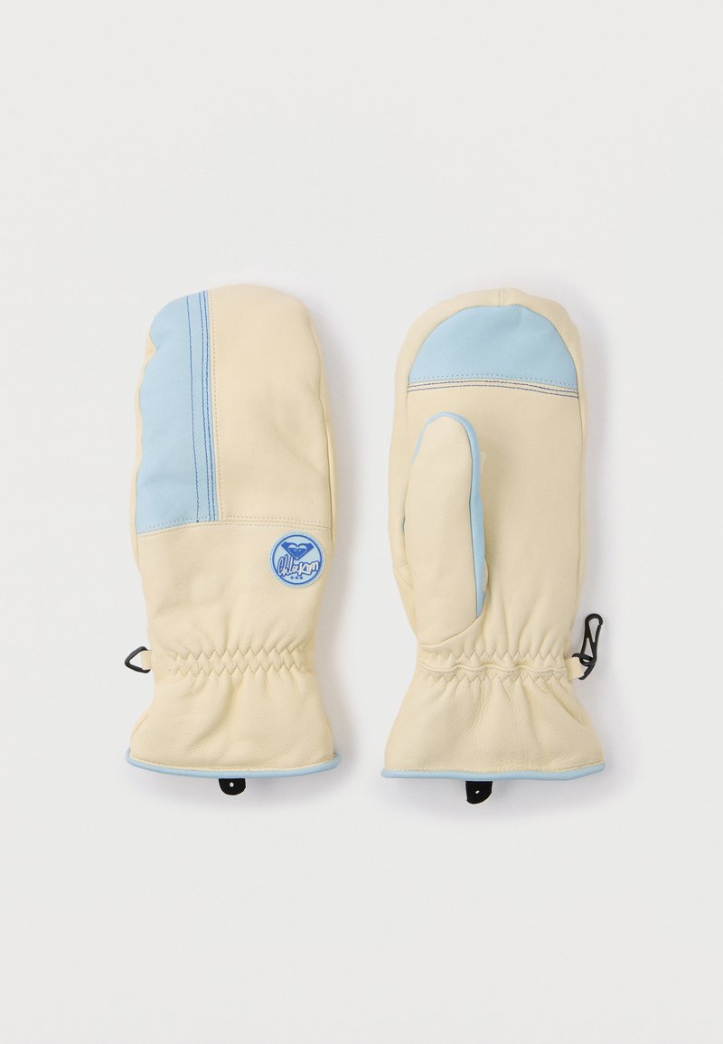 Δερμάτινα γάντια σε κρέμα και ανοιχτό μπλε, με ελαστικούς καρπούς, ραμμένο σχέδιο και στρογγυλό λογότυπο στην περιοχή του καρπού.