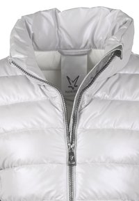 Silberne Pufferjacke mit hohem Kragen, Reißverschluss, horizontalem Steppmuster und glatter, glänzender Stoffstruktur. Logo innen sichtbar.