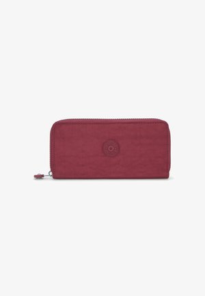 Portafoglio zip-around bordeaux texturizzato con accento logo circolare, caratterizzato da una superficie liscia e una forma rettangolare slim.