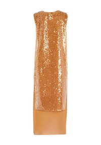 Abito senza maniche con paillettes in una tonalità di arancio dorato, caratterizzato da una silhouette aderente e da un pannello inferiore liscio e monocolore.