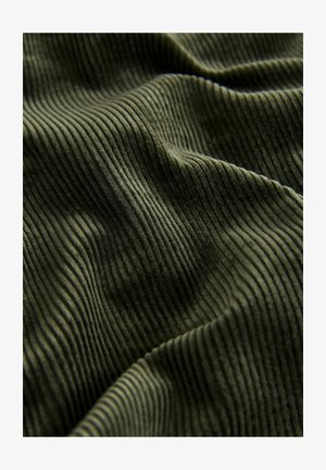 Olive krāsas ribots audums ar mīkstu tekstūru, kam ir šauras, vertikālas svītras un neliela spīduma, izvietots maigos krokos.