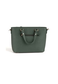 Borsa tote sintetica verde con manici superiori, una tasca frontale con zip e accessori in tonalità oro. Superficie testurizzata, forma rettangolare.