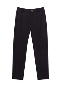 Pantalons noirs ajustés avec une coupe droite, des plis discrets et une ceinture décorative en point de croix avec une fermeture à un bouton.