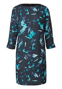 Diepblauw jurk met abstracte aqua- en tealpatronen, driekwart mouwen en een ronde halslijn, voorzien van een ritssluiting aan de achterkant.